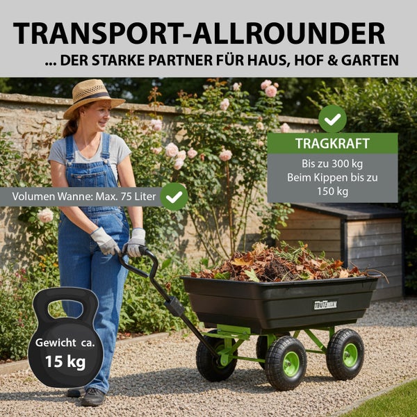 Frau mit Schubkarre im Garten mit maximal 75 Liter Volumen, Tragkraft bis 300 Kilogramm und Kipplast bis 150 Kilogramm