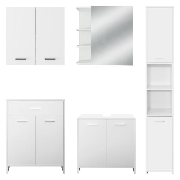 ML-Design Badmöbel-Set 5-teilig Badezimmermöbel Set Badmöbel Komplettset Spiegelschrank Waschtisch mit Unterschrank Hochschrank Badezimmerschrank Hängeschrank, Modernen Stil, Weiß, Holz, viel Stauraum