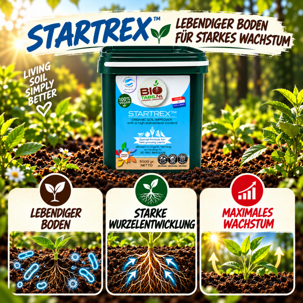 Eimer mit Startrex organischer Bodenverbesserer für starkes Pflanzenwachstum mit Bodenbakterien in 5000 Gramm Packung für Garten und Pflanzen