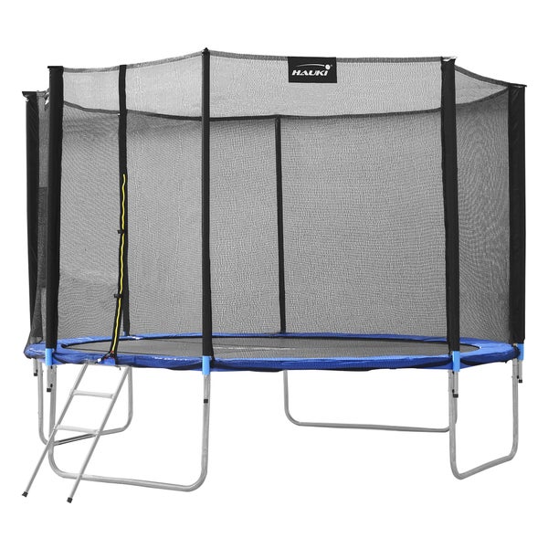 Hauki Trampolin Outdoor, Ø427 cm, Blau, GS geprüft, Rundes Gartentrampolin für Kinder bis 150 kg, Komplettset mit Sicherheitsnetz, Leiter, Randabdeckung, Gepolsterte Stangen, Stabile Kindertrampolin