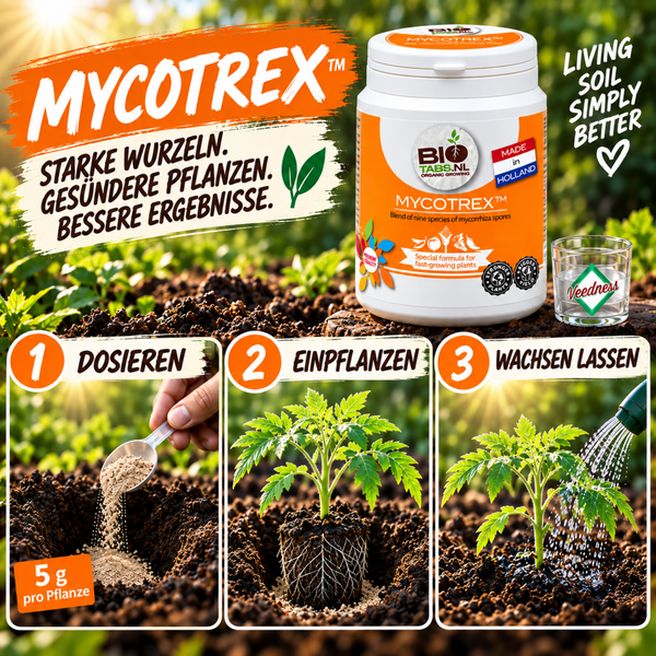 Mycotrex Mykorrhiza Pulver Dose mit dreistufiger Anwendungsanleitung für Pflanzenwachstum im Garten.