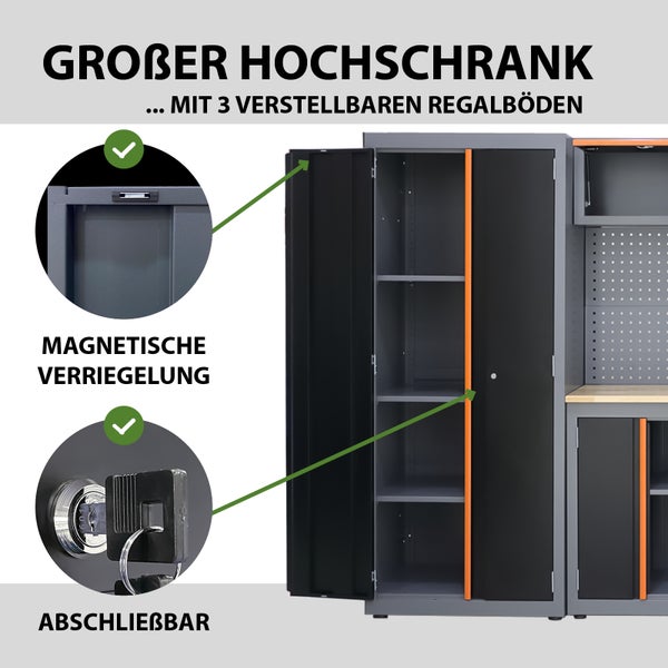 Grosser Werkzeugschrank mit drei verstellbaren Regalböden, magnetischer Verriegelung und Schloss