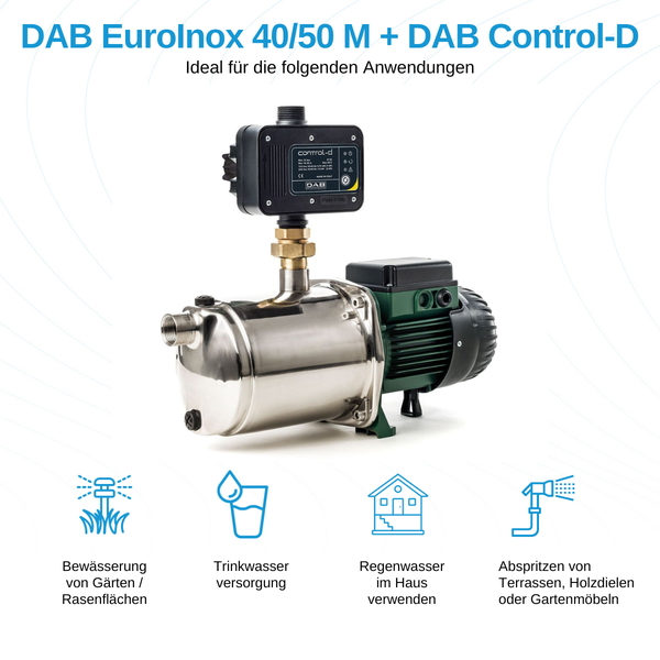 DAB Eurolnox 40/50 M Wasserpumpe mit DAB Control-D Druckschalter für Gartenbewässerung und Hauswasserversorgung