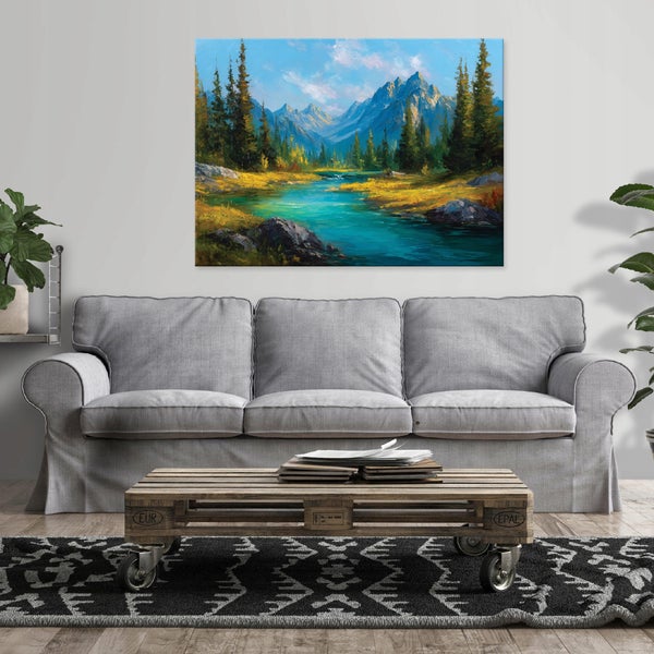 Wohnzimmer mit Sofa, Beistelltisch, Regalen und Blättertapete