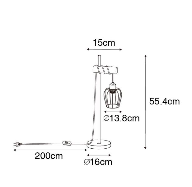 Skizze einer Tischleuchte mit den Maßangaben 55,4 cm Höhe, 15 cm Breite, Lampenschirmdurchmesser 13,8 cm, Fußdurchmesser 16 cm und Kabellänge 200 cm