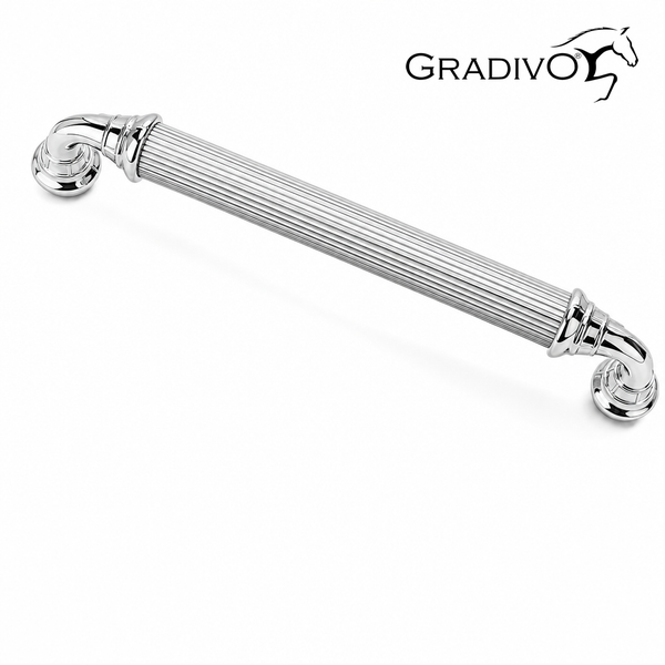 Gradivo Möbelgriff aus poliertem Metall mit geriffeltem Design, Gradivo Logo.