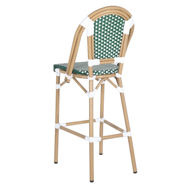 Barhocker im Bistro-Stil mit rattanähnlichem Gestell, grün-weiß geflochtener Sitzfläche und Rückenlehne sowie Fußstütze.