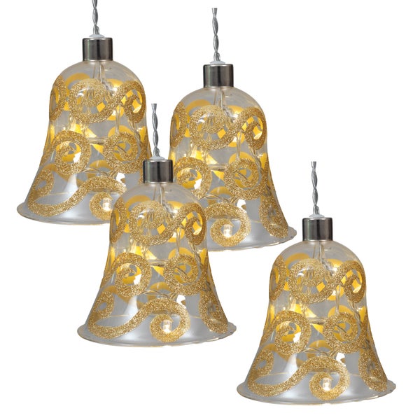 Vier dekorative Glocken mit goldenen Ornamenten und LED-Beleuchtung für festliche Stimmung