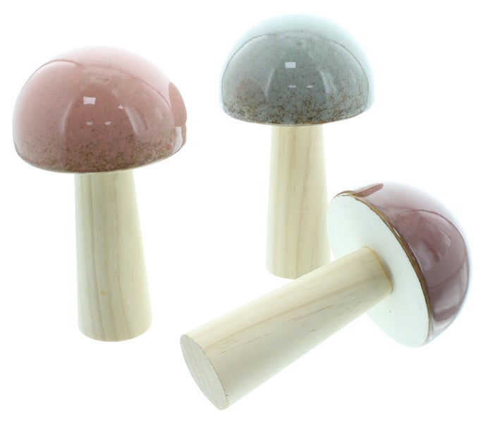 Dekorative Pilzfiguren aus Keramik und Holz, Gartendekoration