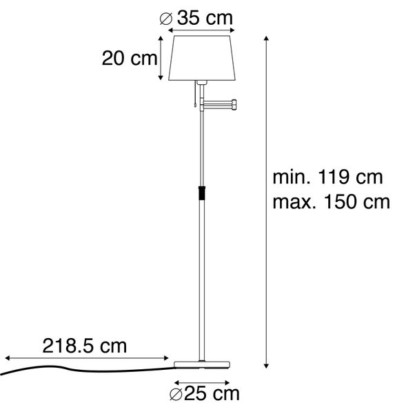 Stehleuchte Maße: Schirm 35 Zentimeter, Höhe 20 Zentimeter, Gesamthöhe 119 bis 150 Zentimeter, Fuß 25 Zentimeter, Kabellänge 218,5 Zentimeter.