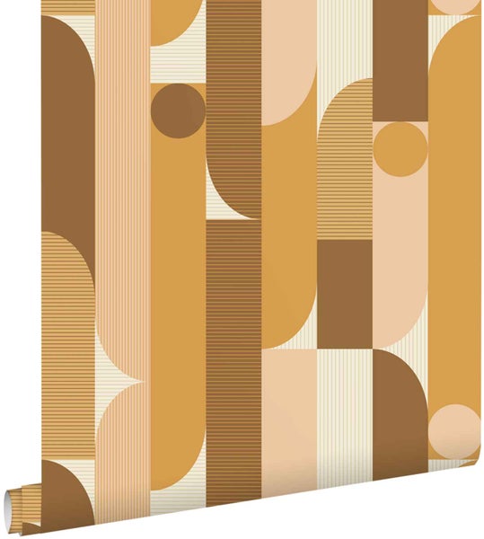 Vliestapete mit abstraktem geometrischem Muster aus Kreisen, Streifen und Bögen im Retro-Stil.