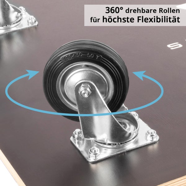 360 Grad drehbare Transportrolle aus Metall und Kunststoff für maximale Flexibilität.