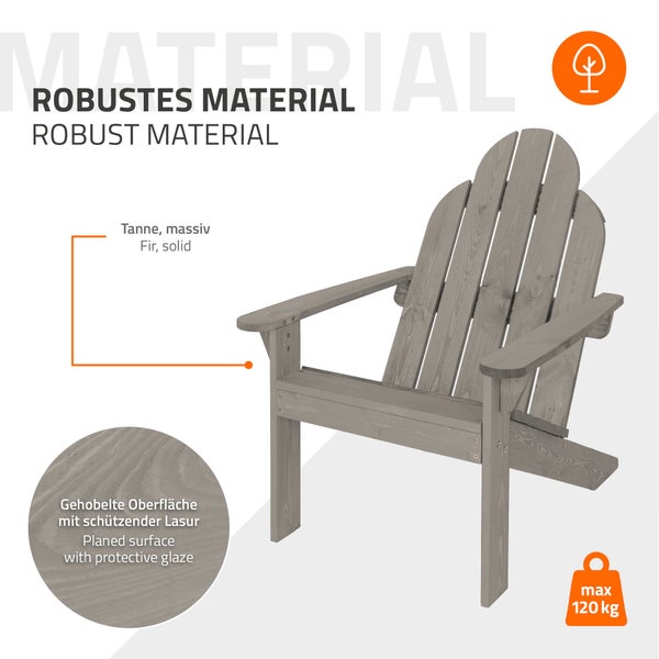 ECD Germany Adirondack-Stuhl 2er Set aus Tannenholz Massiv, 92,5x70x89 cm, Grau, Gartenstuhl mit Rückenlehne und Armlehnen, Ergonomischer Holzstuhl, Gartensessel, Relaxstuhl für Balkon, Garten, Strand