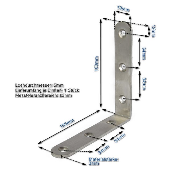 Winkelverbinder aus Metall mit Maßangaben, Schenkellänge 100 mal 100 Millimeter, Materialstärke 3 Millimeter und Lochdurchmesser 5 Millimeter.