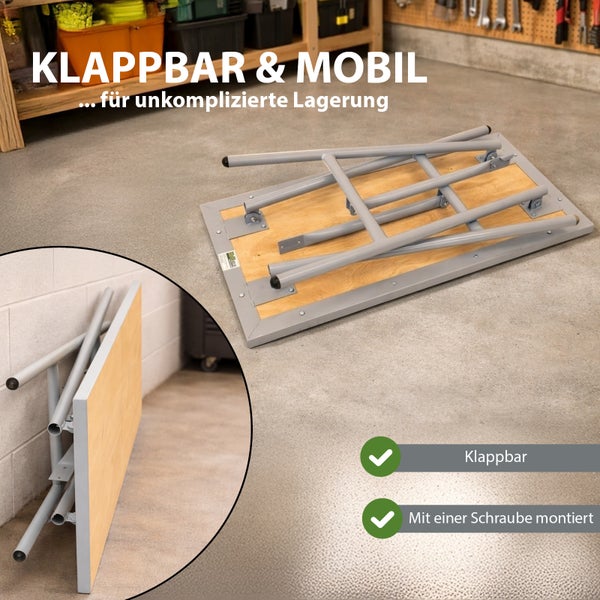 Klappbare Werkbank mit Holzplatte und grauem Metallgestell, platzsparend zusammengefaltet, einfache Montage mit einer Schraube.