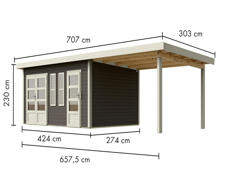 Gartenhaus aus Holz mit Anbaudach und Maßen: Breite 707 Zentimeter, Tiefe 303 Zentimeter und Höhe 230 Zentimeter.