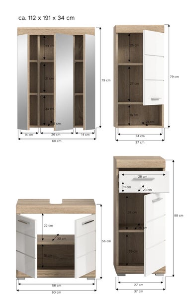 Maßzeichnung für ein Badezimmermöbel-Set bestehend aus Spiegelschrank, Hängeschrank, Waschbeckenunterschrank und Hochschrank mit Maßangaben.
