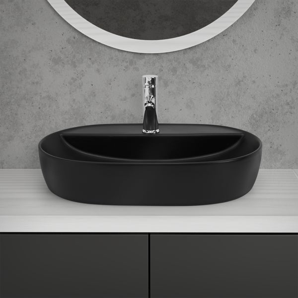 ML-Design Waschbecken aus Keramik in Schwarz matt 60 x 40 x 12 cm, Oval, Moderne Aufsatzwaschbecken, Design Waschtisch Aufsatz-Waschschale Waschplatz Handwaschbecken, für das Badezimmer / Gäste-WC