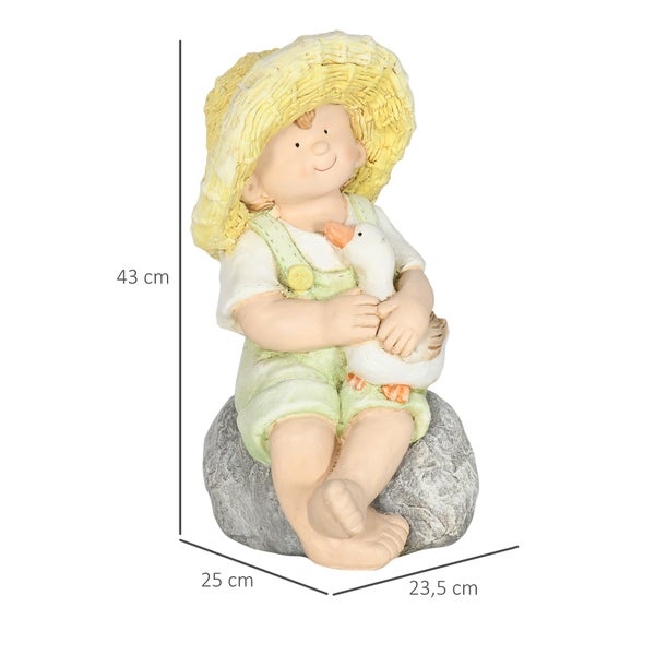 Outsunny Gartenstatue Kleiner Junge mit Strohhut, 43 cm Wetterbeständiges Gartenfigur, Outdoor-Ornament, Gartendeko, Skulptur für Heimdekoration, Garten, Hof