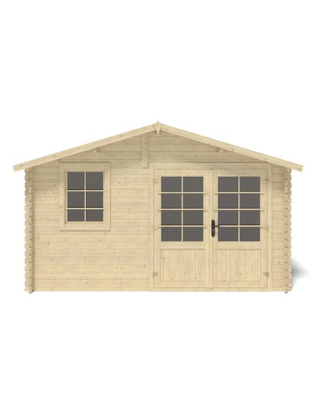 Gartenhaus aus Holz mit Doppeltür und einem Fenster mit Sprossen in klassischer Blockbohlenbauweise