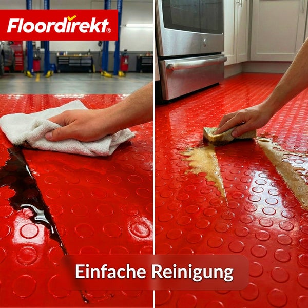 Reinigung von Bodenbelag aus Gummi mit Noppenstruktur wird demonstriert. Floor direkt Logo.
