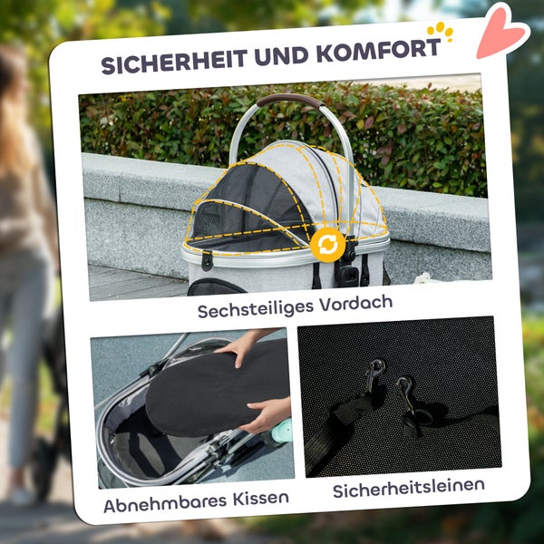 PawHut Hundewagen 3 in 1 Hundebuggy klappbar für Hunde & Katzen bis 10 kg Katzenbuggy mit Kissen Becherhalter Netzfenstern Türen Aufbewahrungskorb Katzenwagen Buggy Hellgrau
