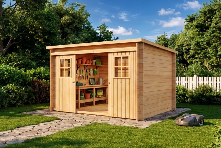 Holzgartenhaus mit Schiebetüren, Innenraum mit Werkbank und Gartenwerkzeug, auf Steinweg in einem grünen Garten.