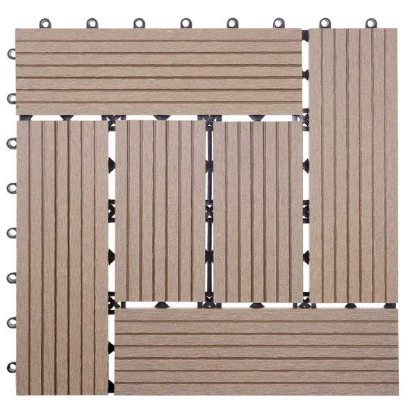 Quadratische Terrassenfliese aus Holz-Kunststoff-Verbundwerkstoff mit gerillter Oberfläche und Klicksystem für Balkon und Garten.