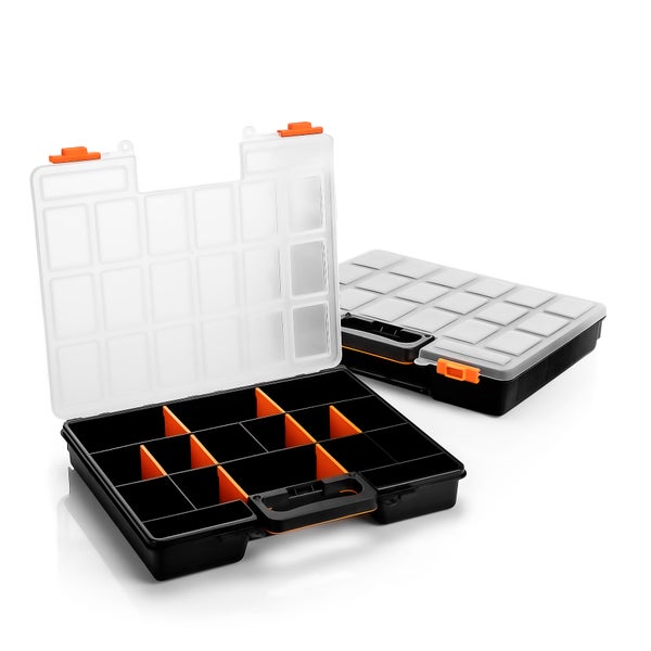BigDean 2 Stück Sortimentskasten stapelbar 38x33x6cm praktische Sortierbox mit 16 Fächern – Werkzeugkoffer leer Organizer Box Sortierkasten - Sortierboxen für Kleinteile - Made in Italy