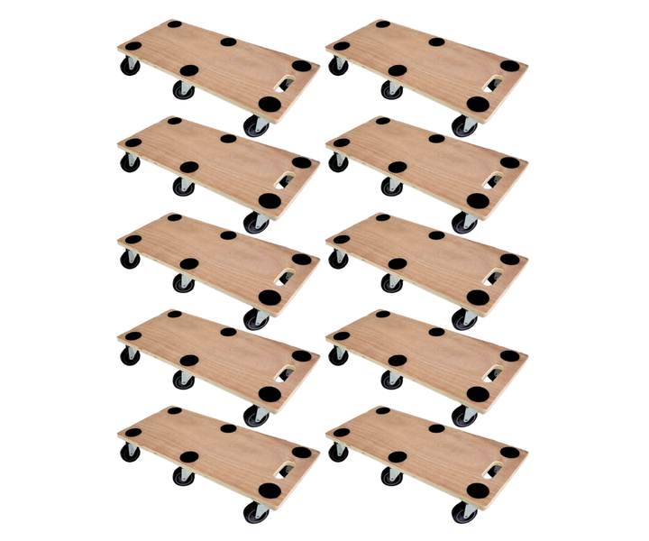 Set mit 10 Transportrollern aus Holz mit Antirutsch-Pads und Tragegriff.