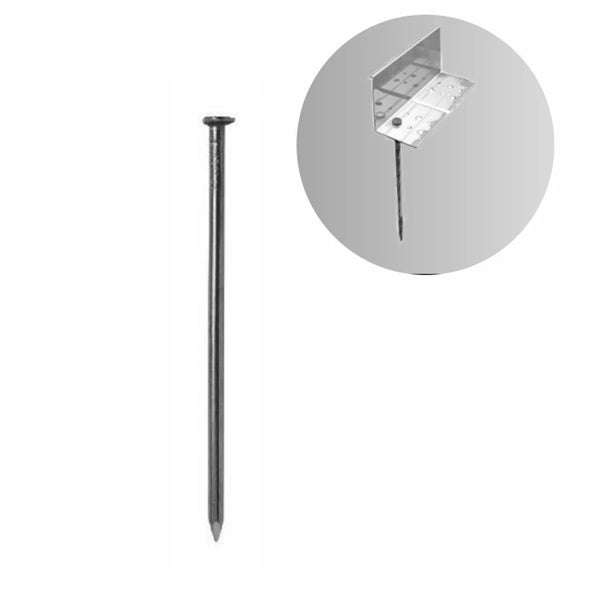 Ein Stahlnagel für die Befestigung von Metallverbindern, dargestellt neben einem Metallwinkel.