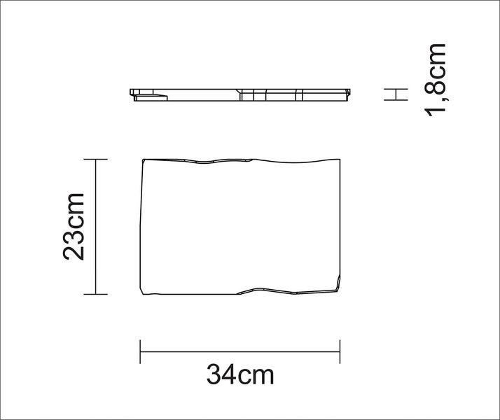 Produktzeichnung mit Abmessungen: 23 cm Höhe, 34 cm Breite und 1,8 cm Dicke.