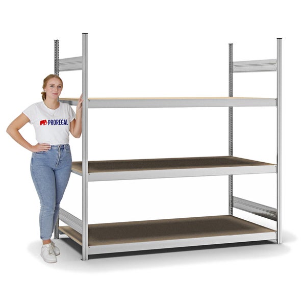 PROREGAL Weitspannregal Stecksystem T-Profil Grundregal HxBxT 200x200x80 cm 3 Ebenen Spanplatten Fachboden Fachlast 350 kg Verzinkt