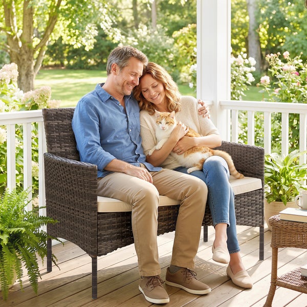 Paar sitzt auf einer Gartenbank aus Polyrattan auf einer hellen Veranda im Garten.