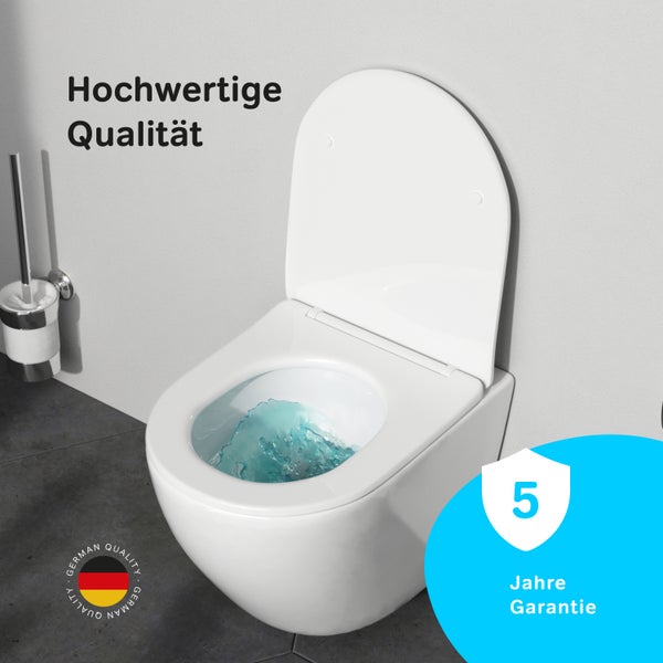 Wand-Tiefspülklosett mit Wasserspülung und geöffnetem Toilettendeckel, inklusive fünf Jahre Garantie