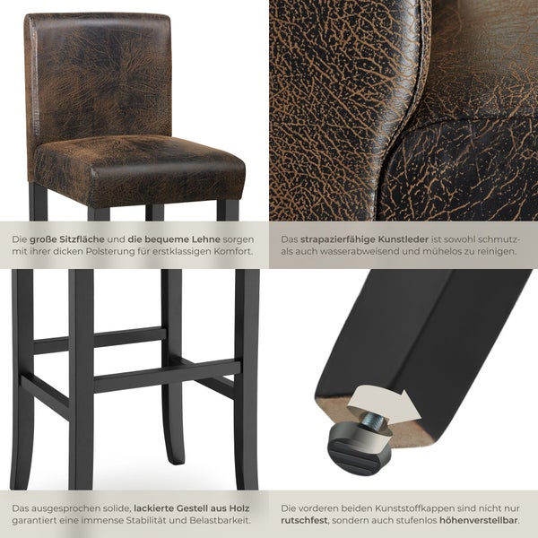 Barhocker mit braunem Kunstlederbezug, gepolsterter Sitzfläche, schwarzem Holzgestell und höhenverstellbaren Kunststoffkappen an den Füßen.