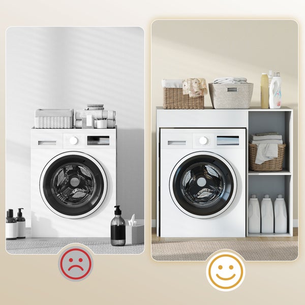 Vergleich eines Waschraums ohne und mit weißem Waschmaschinenschrank mit praktischen Ablagefächern für eine organisierte Aufbewahrung.