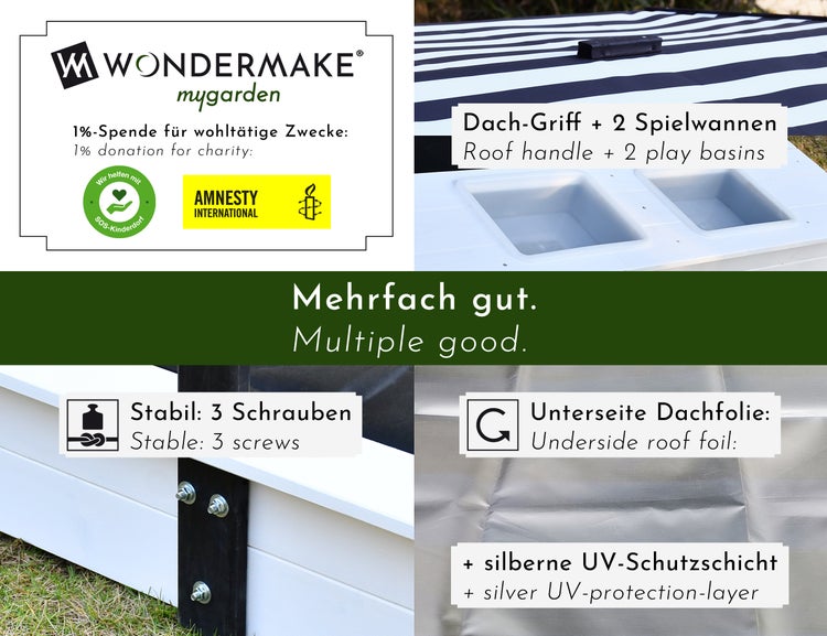 WONDERMAKE® Design Sandkasten mit Matschküche, Dach, Abdeckung OXFORD 420D, Vliesfolie, Sandkiste Holz quadratisch verschließbar Outdoor Garten für Kinder, schwarz weiß