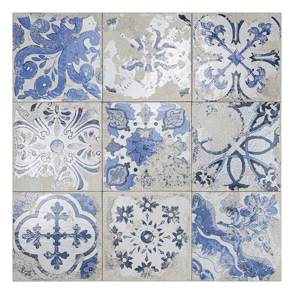 Wandfliesen Set mit neun verschiedenen mediterranen Ornament Mustern im Vintage Look für den Innenbereich