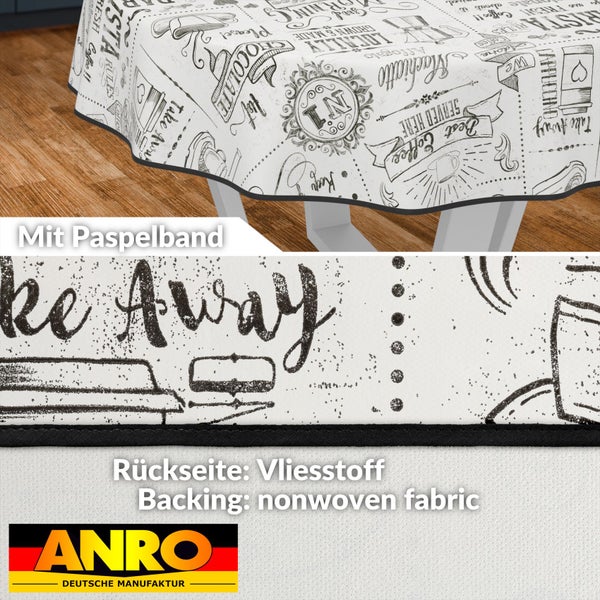 Tischdecke mit Kaffeehaus-Motiv und Paspelband