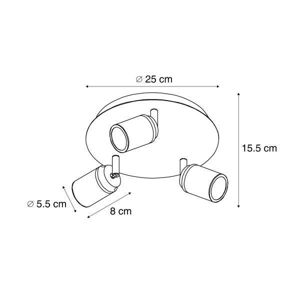 Technische Zeichnung einer Deckenleuchte mit drei Strahlern und Maßangaben