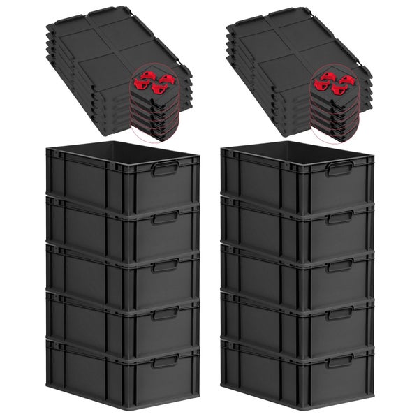 PROREGAL SparSet 10x Eurobox NextGen Grip mit Auflagedeckel inkl. 4 roten Schiebeschnappverschlüssen, HxBxT 22x40x60cm, 44 Liter, Schwarz, Griffe geschlossen, Verstärkter Boden, Eurobehälter, Transportbox, Transportbehälter, Stapelbehälter