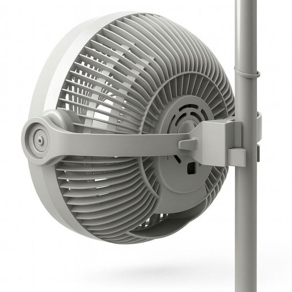 Ventilator mit Klemmhalterung zur Befestigung an einer runden Stange, Rückansicht des Gehäuses.