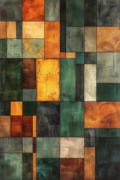 Abstraktes Wandpaneel mit rechteckigen Elementen in verschiedenen Texturen