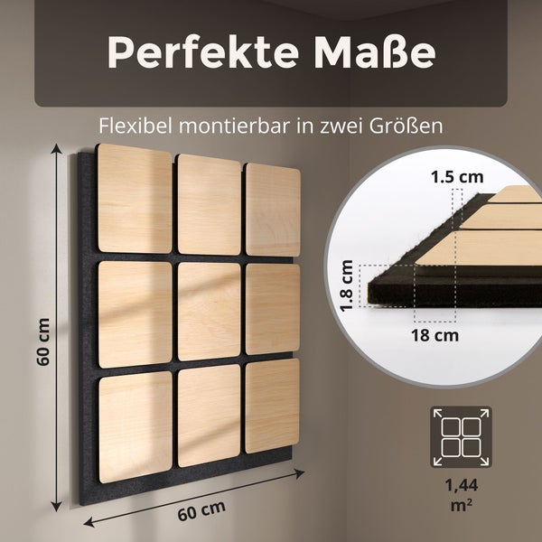Akustikpaneel mit Holzquadraten auf Filz, 60 mal 60 Zentimeter, Detailmaße 1,8 Zentimeter Dicke und 18 Zentimeter Kachelbreite.