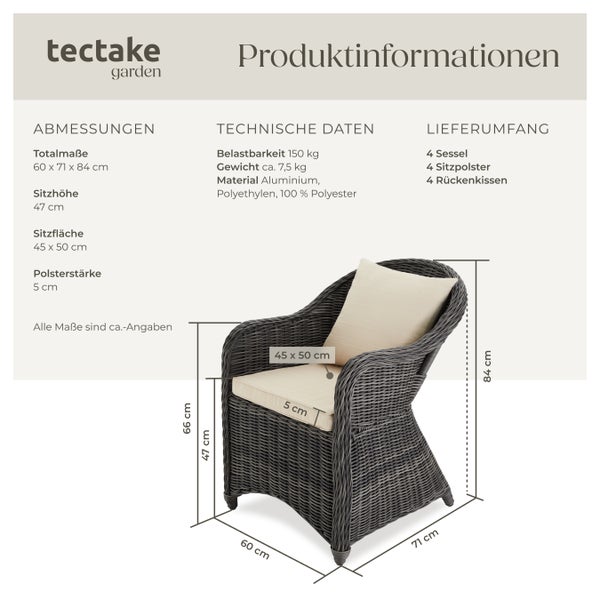 4er Set Rattansessel tectake  71 x 60 x 84 cm mit Aluminiumgestell grau