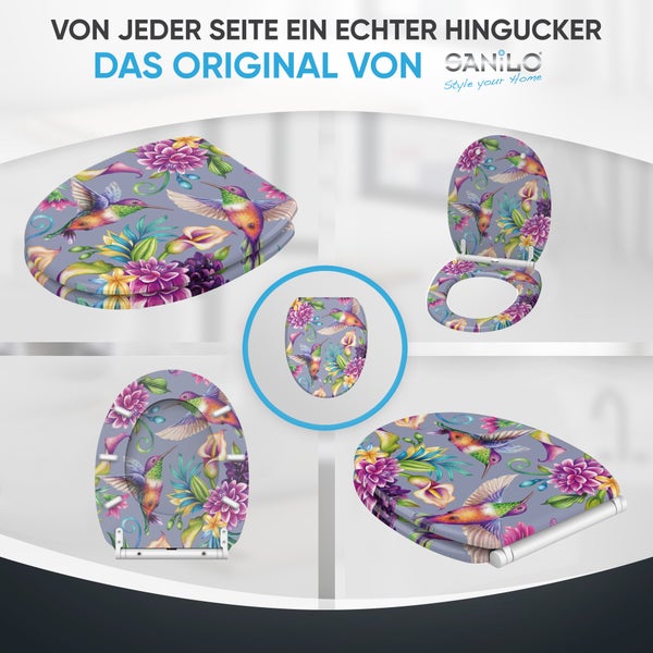 Sanilo WC-Sitz mit Kolibri- und Blumenmuster, dargestellt aus verschiedenen Perspektiven wie offen und geschlossen. Sanilo Logo.