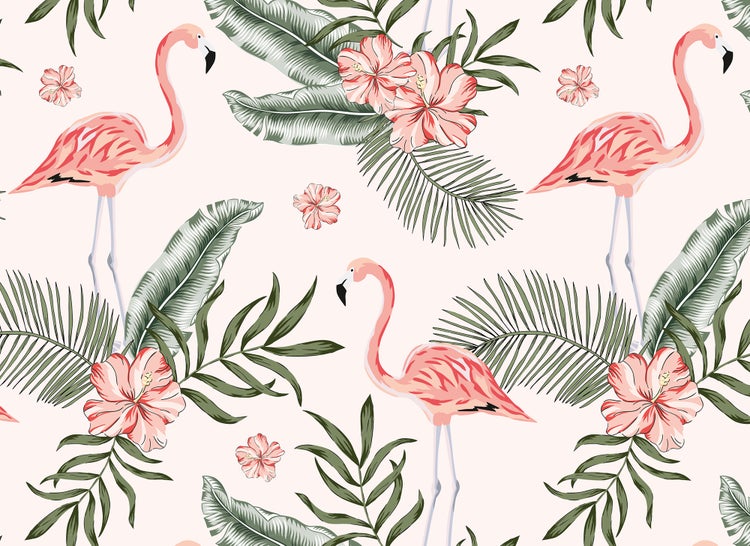 Tapete mit Flamingos, Hibiskusblüten und tropischen Blättern.