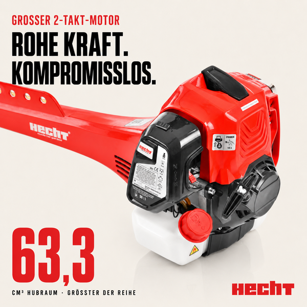 Hecht Motorsense mit einem 2-Takt-Motor und 63,3 Kubikzentimeter Hubraum. Hecht Logo.