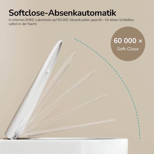 Darstellung der Softclose Absenkautomatik eines WC Sitzes mit Hinweis auf 60000 Testzyklen fuer leises Schliessen.